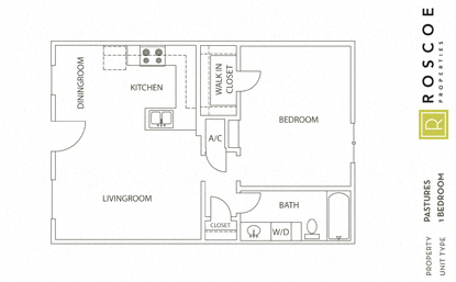 Floor plan for 1 bed, 1 bath, 596 sqft